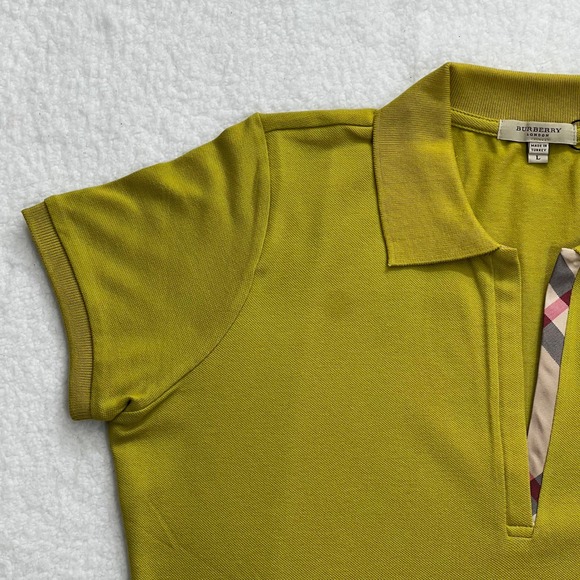 Burberry Women's Citrine Yellow Polo Shirt Short Sleeve Nova Check Trim Size L - Picture 7 of 12